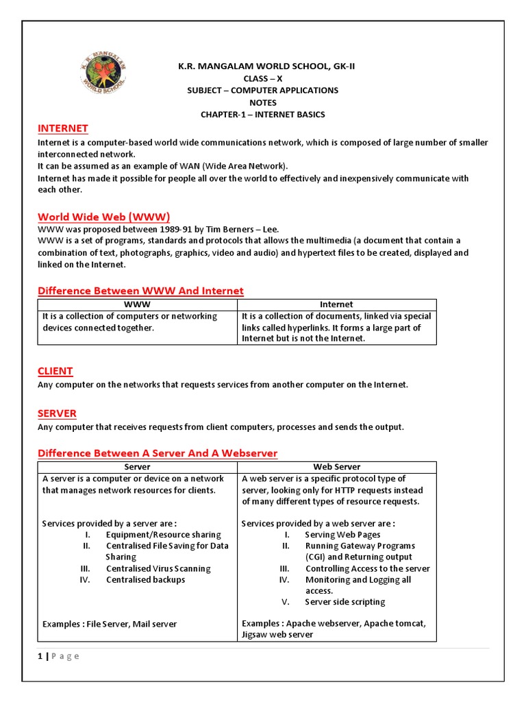 CH-1 Internet Basics Notes | PDF | World Wide Web | Internet & Web