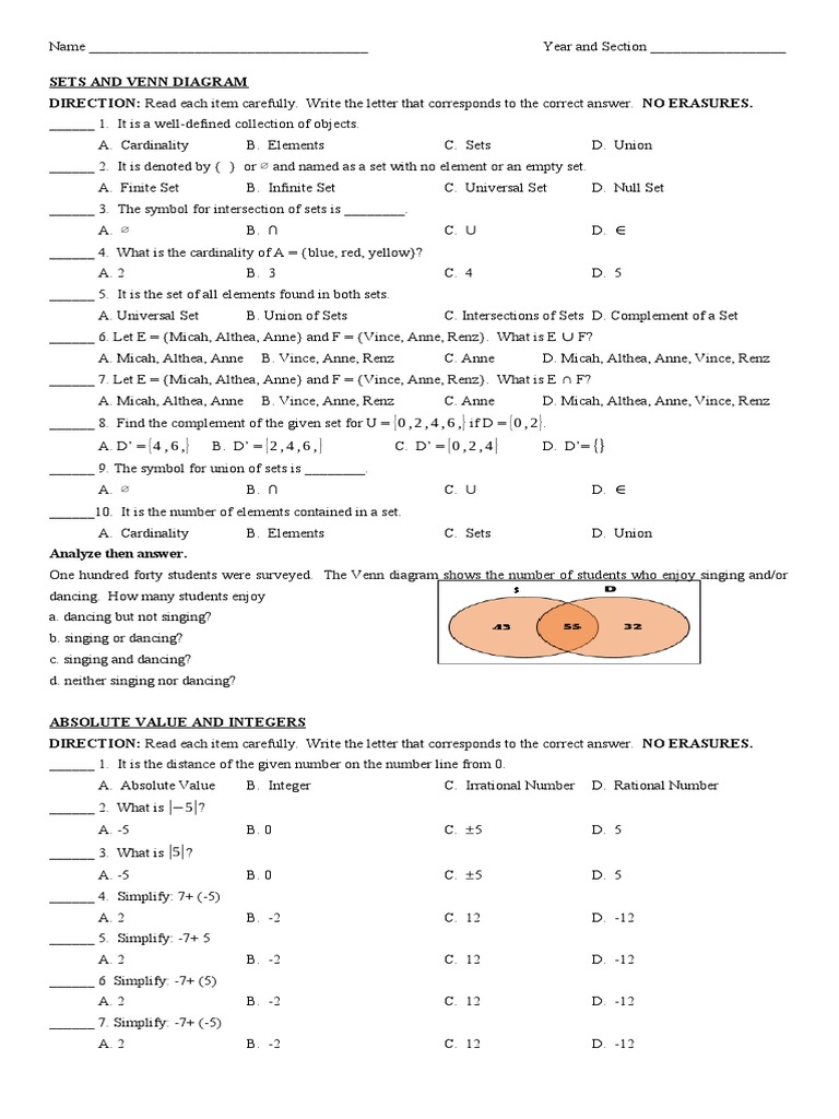 Sets, Venn Diagrams, and Operations Quiz | PDF