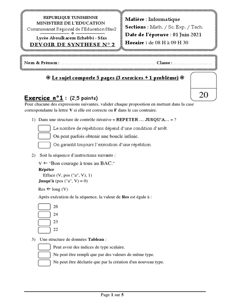 Devoir de synthèse Bac Informatique 2021 | PDF