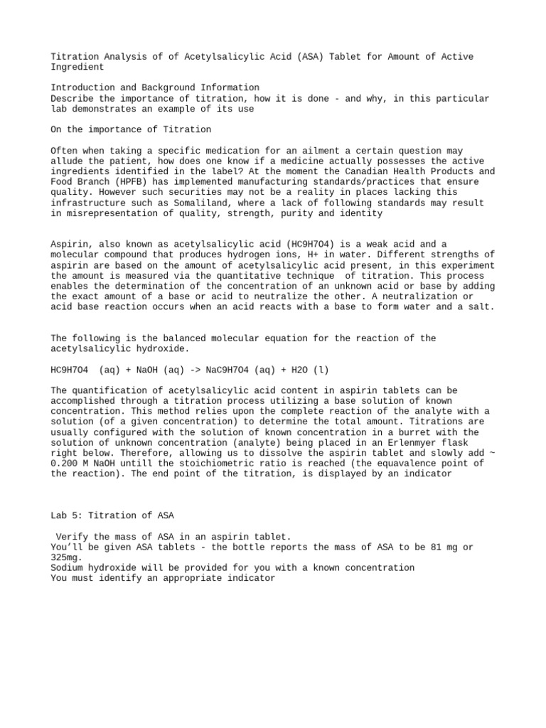 Quantitative Analysis of Acetylsalicylic Acid Content in Aspirin