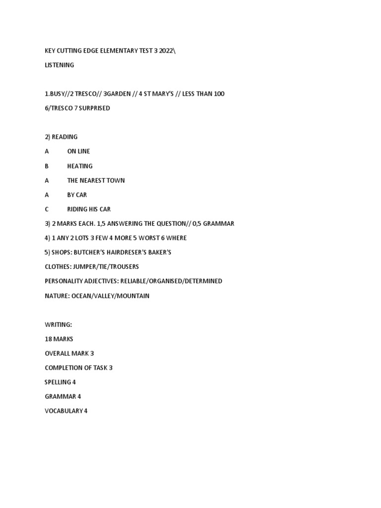 Cutting Edge Elementary Test 3 2022 Key Pdf Pdf