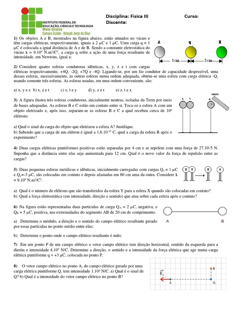 Lista de Exercícios Força Eletrica e Campo Elétrico | PDF | Carga ...