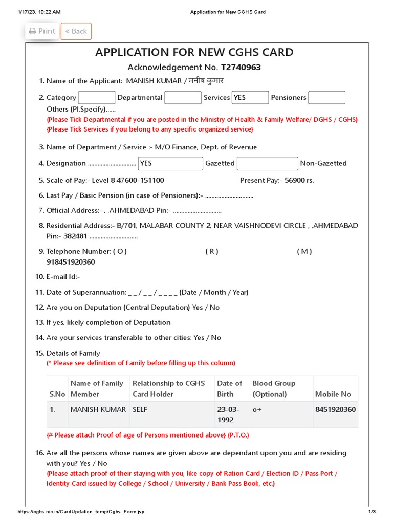 Application For New CGHS Card | PDF | Identity Document | Government
