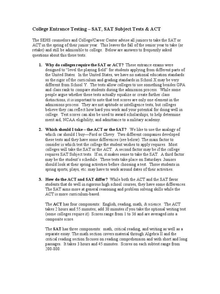 SAT vs. ACT: College Entrance Tests Guide | PDF | Act (Test) | Sat