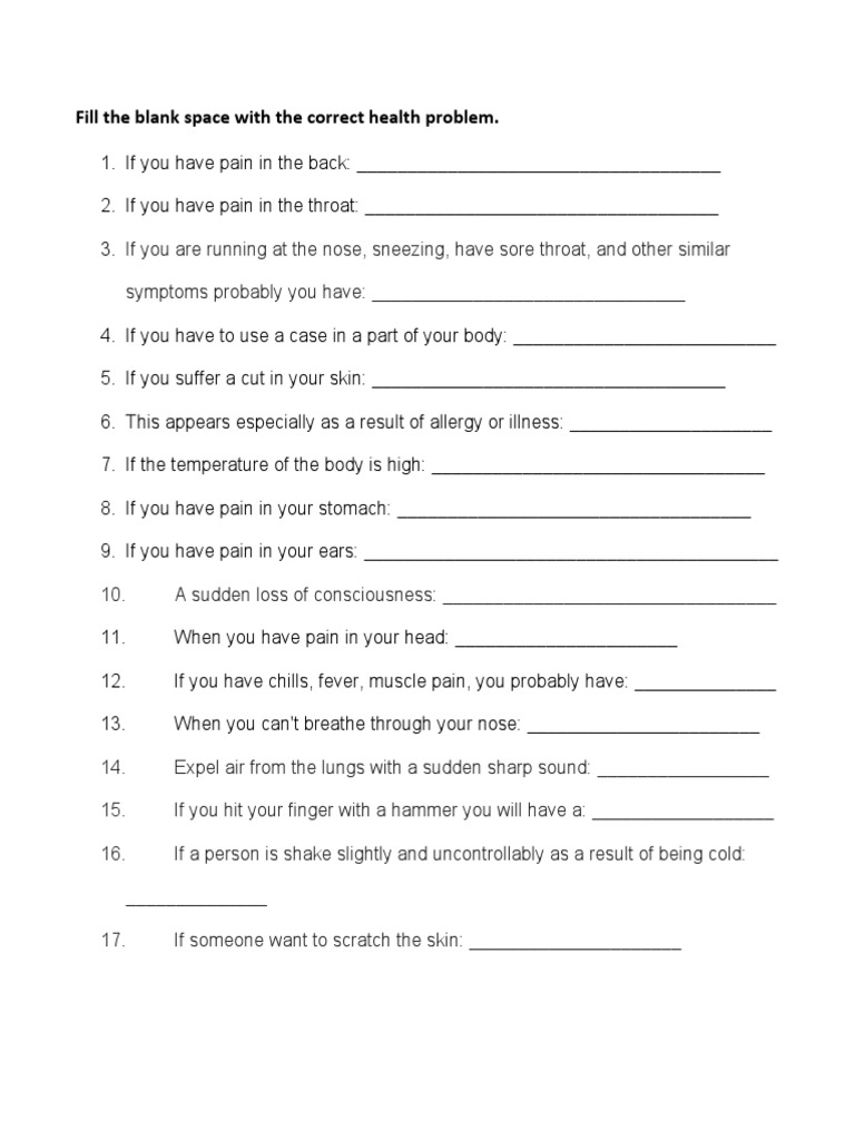 Fill The Blank Space With The Correct Health Problem PDF