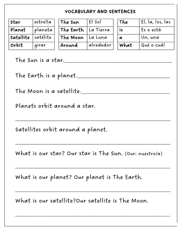 VOCABULARY AND SENTENCES FOR THE TEST.pdf PDF Natural Satellite Moon