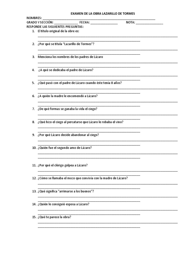 Examen de La Obra Lazarillo de Tormes | PDF | Uva