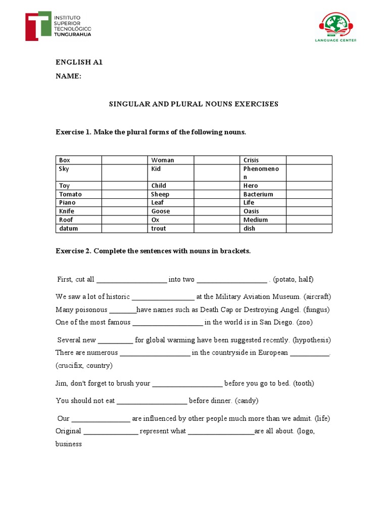 Singular and Plural Nouns Exercises | PDF | Foreign Language Studies ...