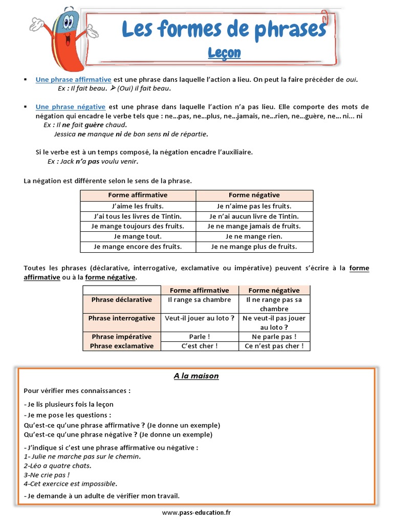 Forme Affirmative Et Négative Cm1 7 Lecon Les Formes de Phrases 3eme 4eme Primaire PDF | PDF