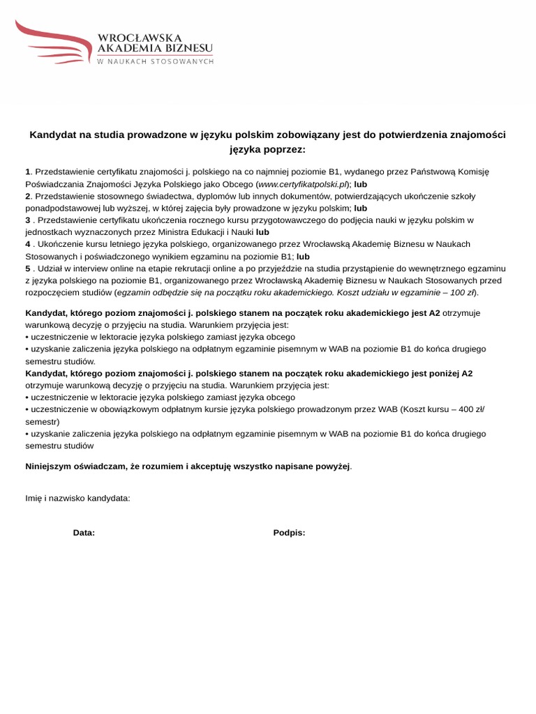 WAB Jezyk Polski Wymagania PDF