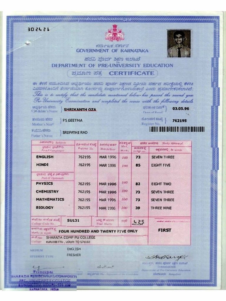 2nd Puc Karnataka Marks Card PDF