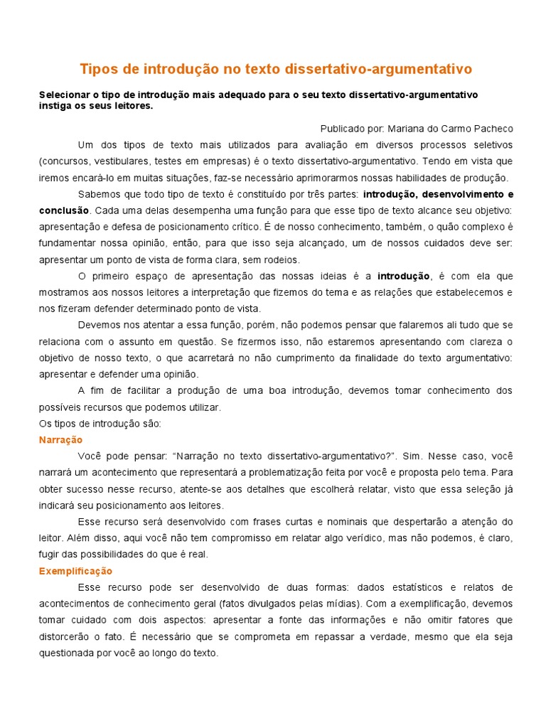Tipos de introdução no texto dissertativo | PDF | Definição | Citação