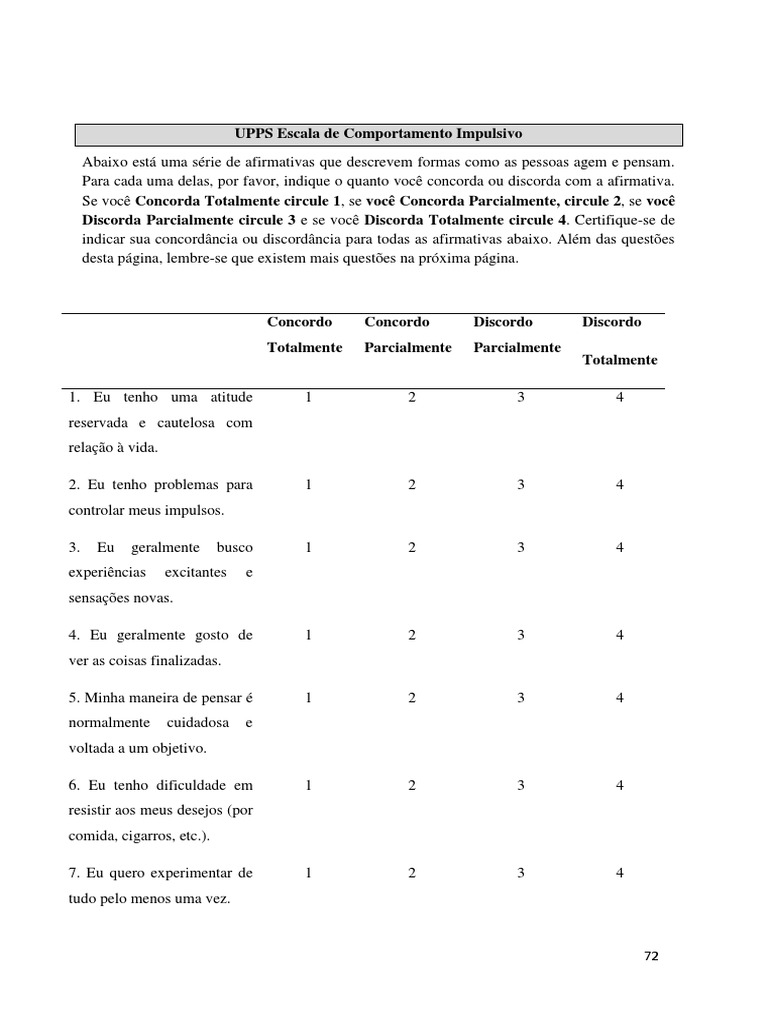UPPS Escala de Comportamento Impulsivo PDF | PDF