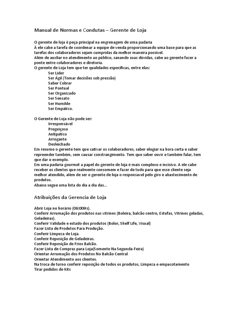 Funções do Gerente de Loja em Padaria | PDF