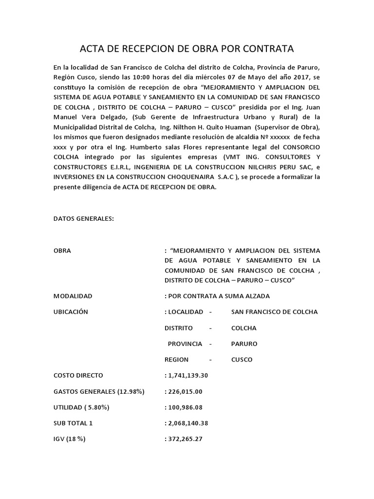 Acta De Entrega Y Recepcion De Obra Gobierno Pol Tica Prueba/acta De ...