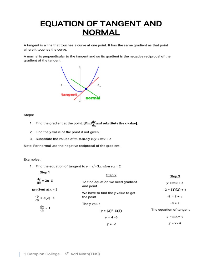 EQUATION OF TANGENT AND NORMAL Handout PDF Elementary Mathematics
