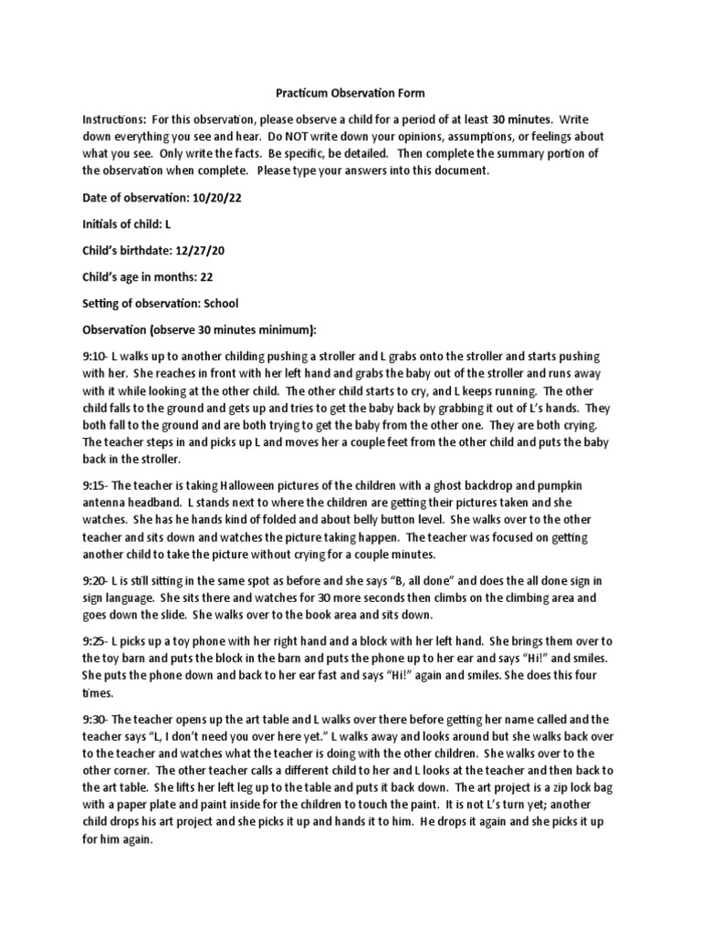 Running Record Observation Example | PDF | Wellness