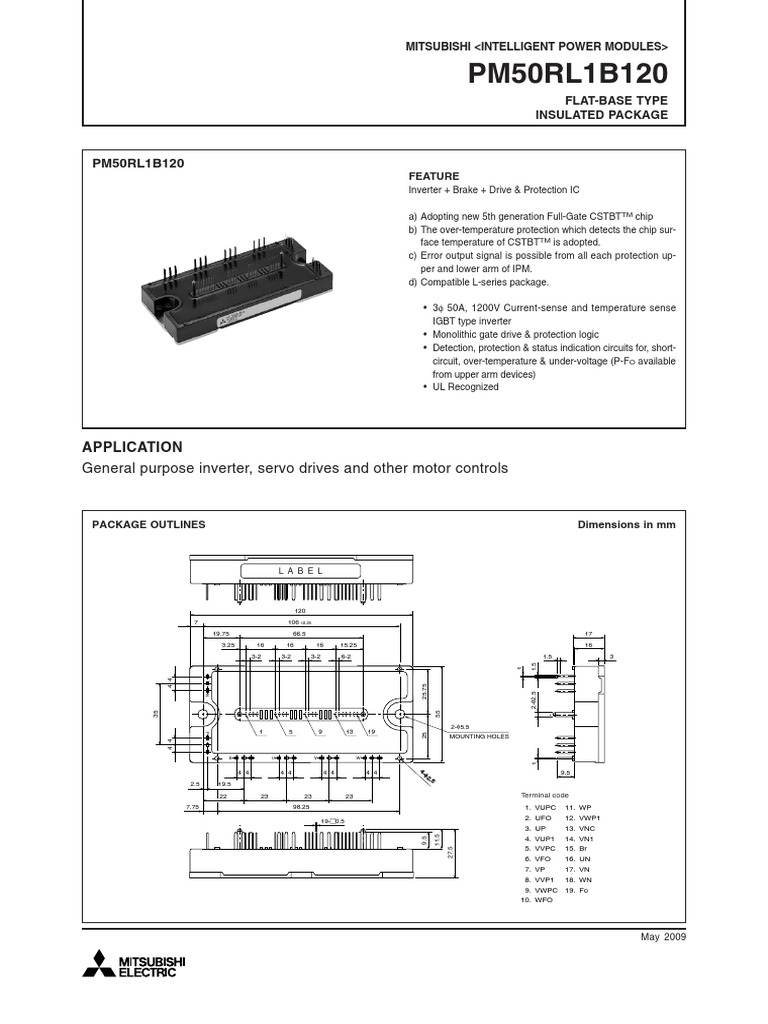 Intelligent Power Module Datasheet MITSUBISHI PM50RL1B120 FlatBase Insulated Package PDF