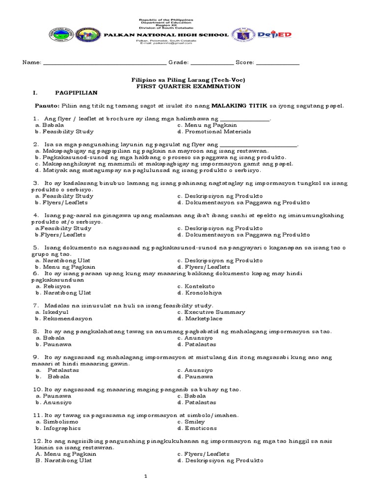 Mahabang Pagsusulit Filipino Sa Piling Larang Techvoc | PDF
