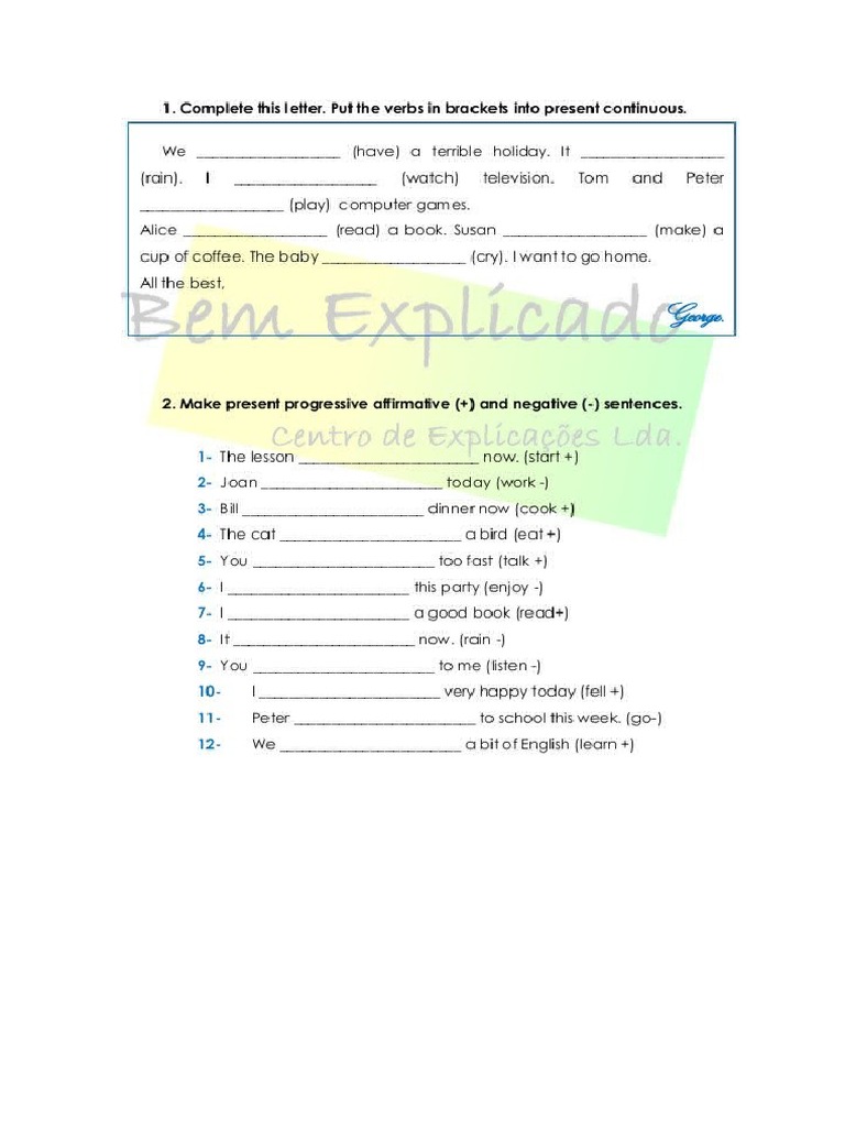 Atividades de Inglês Present Continuous 7 Ano 2 | PDF