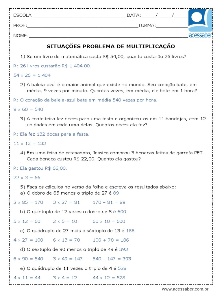 Situações Problema de Multiplicação | PDF | Métodos e Materiais de