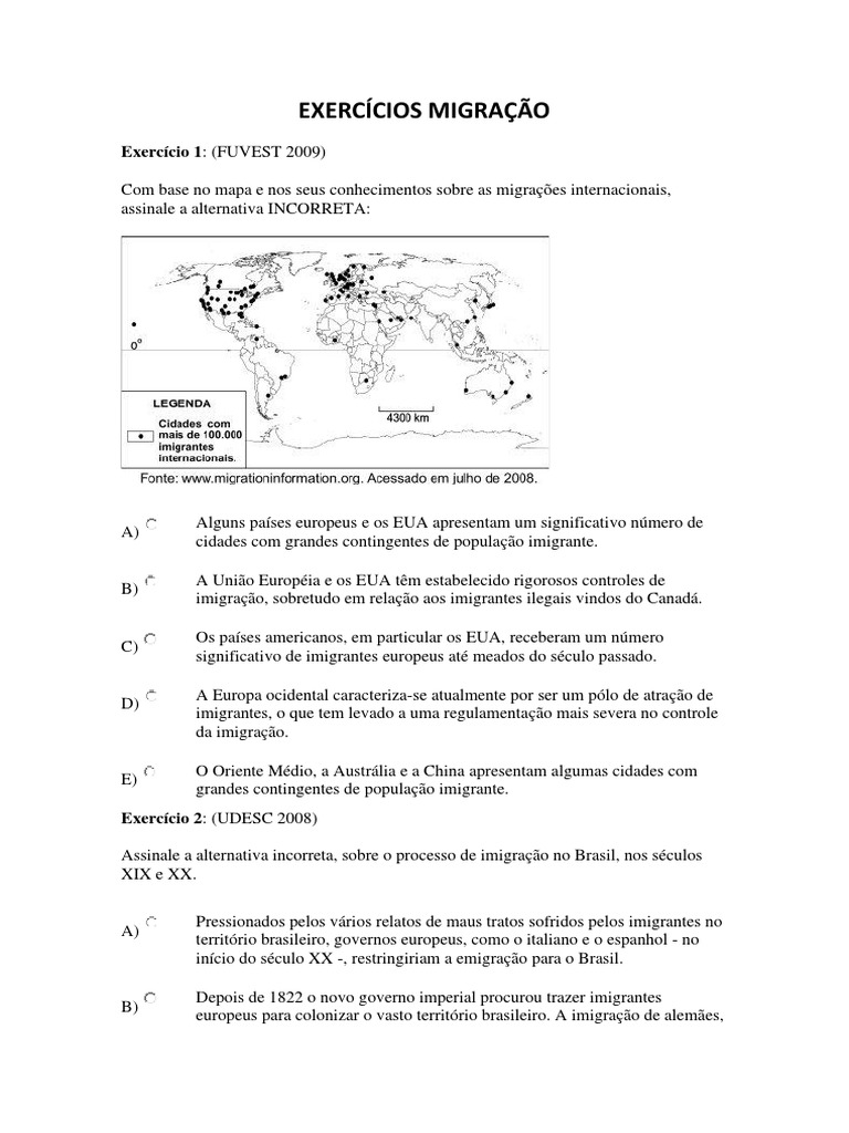 Exercícios sobre Migrações Internacionais | PDF | Imigração | Migração ...