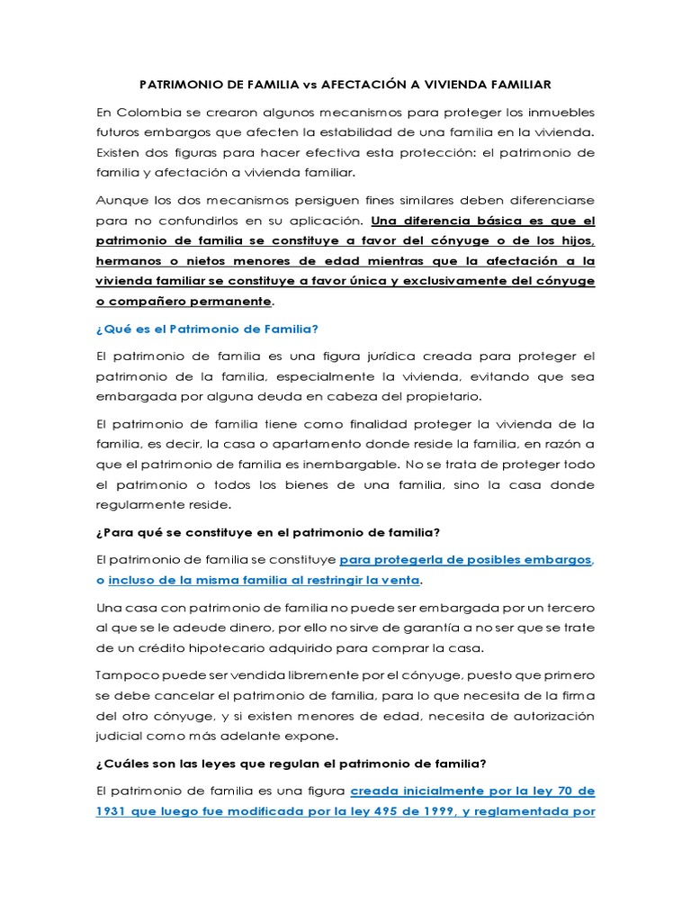 Patrimonio de Familia Vs Afectación A Vivienda Familiar | PDF