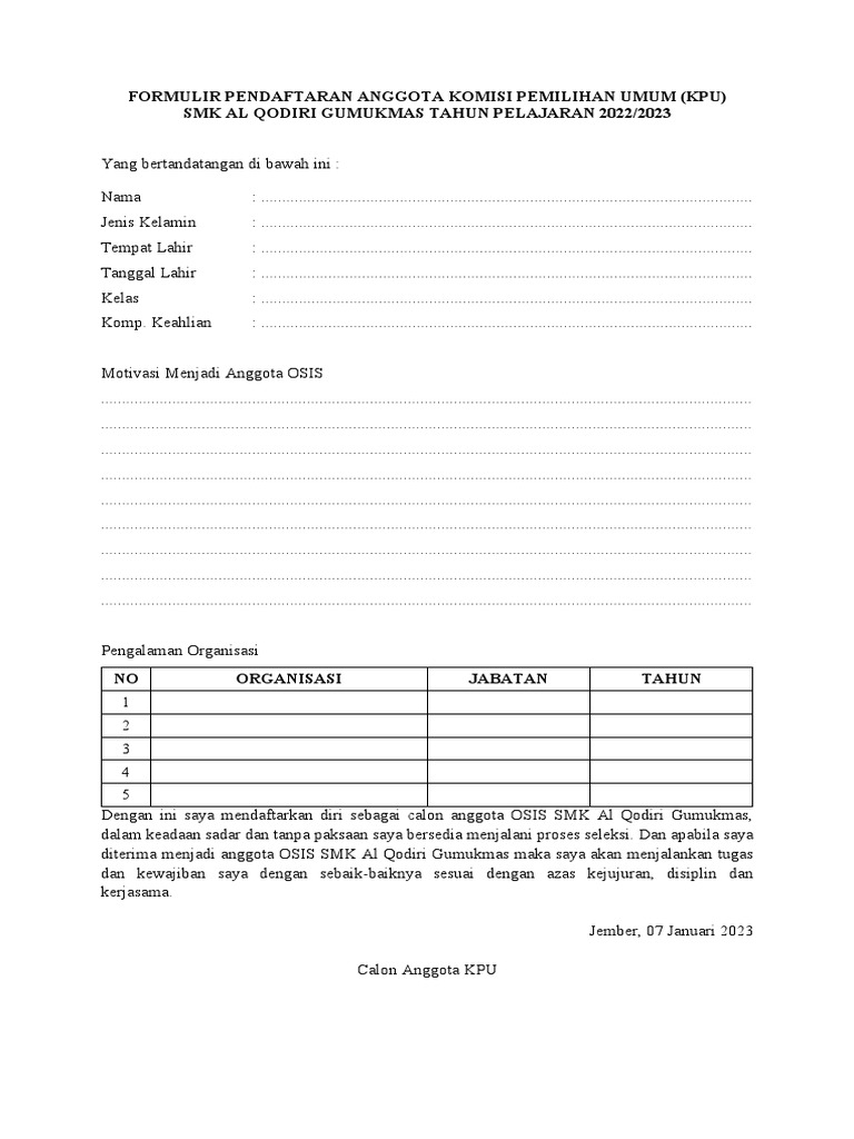 Formulir Pendaftaran Anggota Osis | PDF