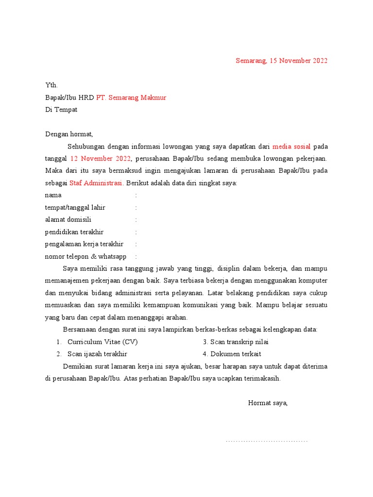 Contoh Surat Lamaran Kerja.docx | PDF