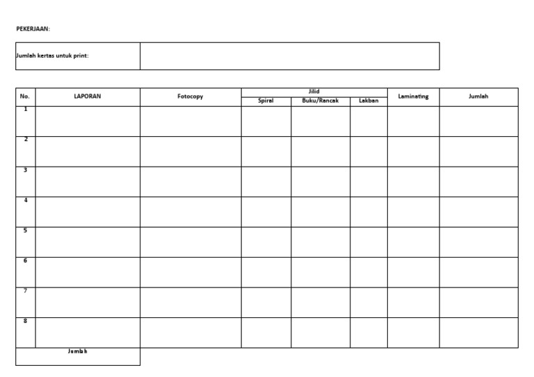 Printing and Binding Order Form A detailed listing of printing and binding requests including