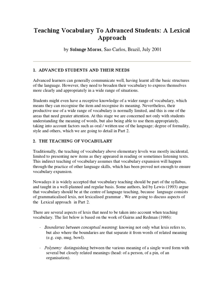 Teaching Vocabulary To Advanced Students-A Lexical Approach | PDF ...
