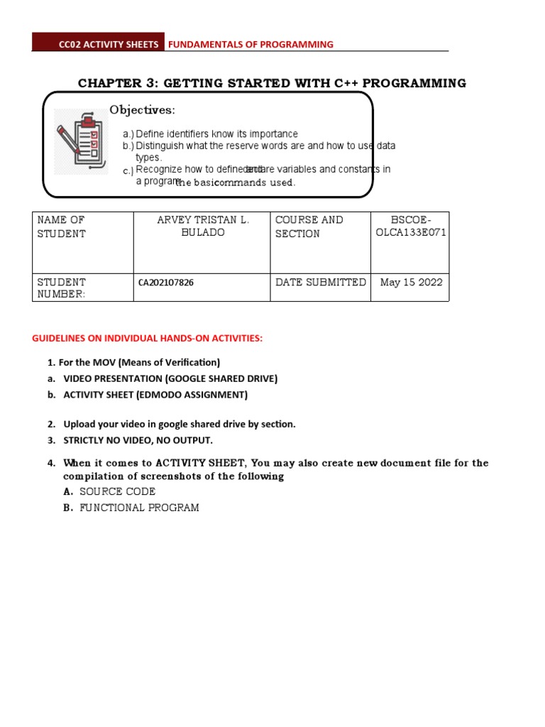 C++ Programming Activity Sheets | PDF | Career & Growth | Art