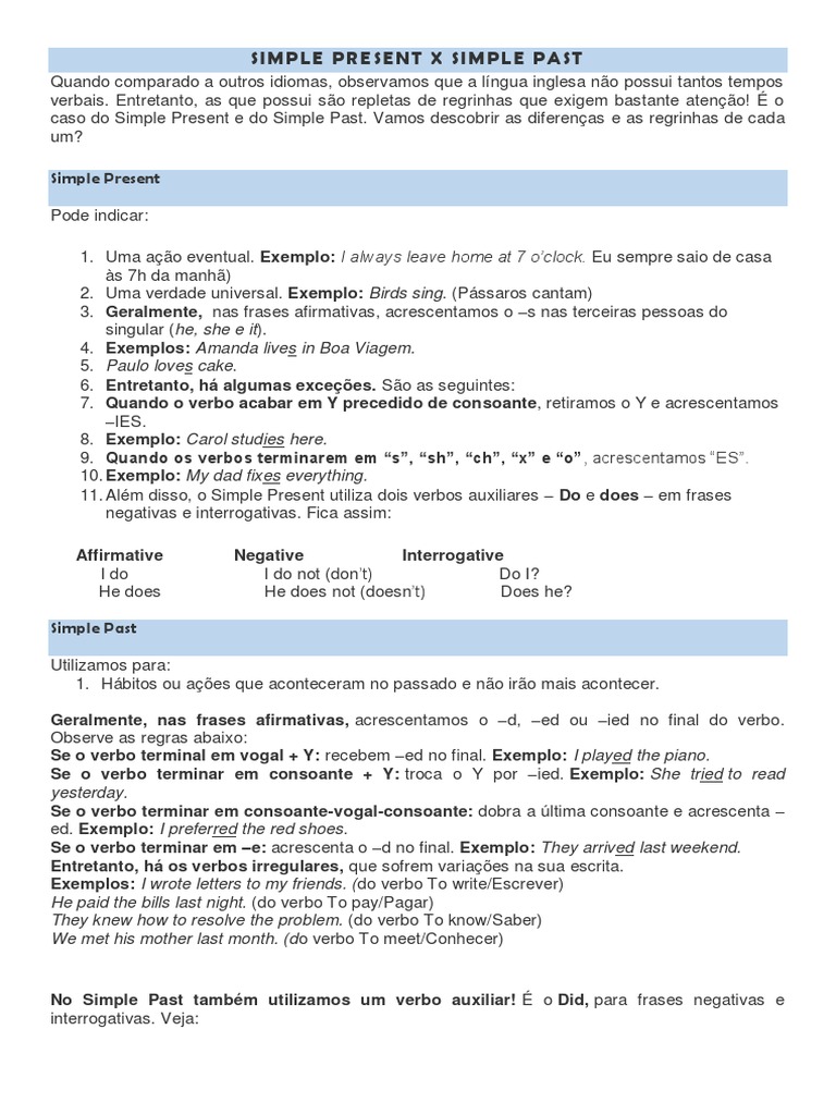 Diferenças entre Simple Present e Past | PDF | Comunicação humana ...