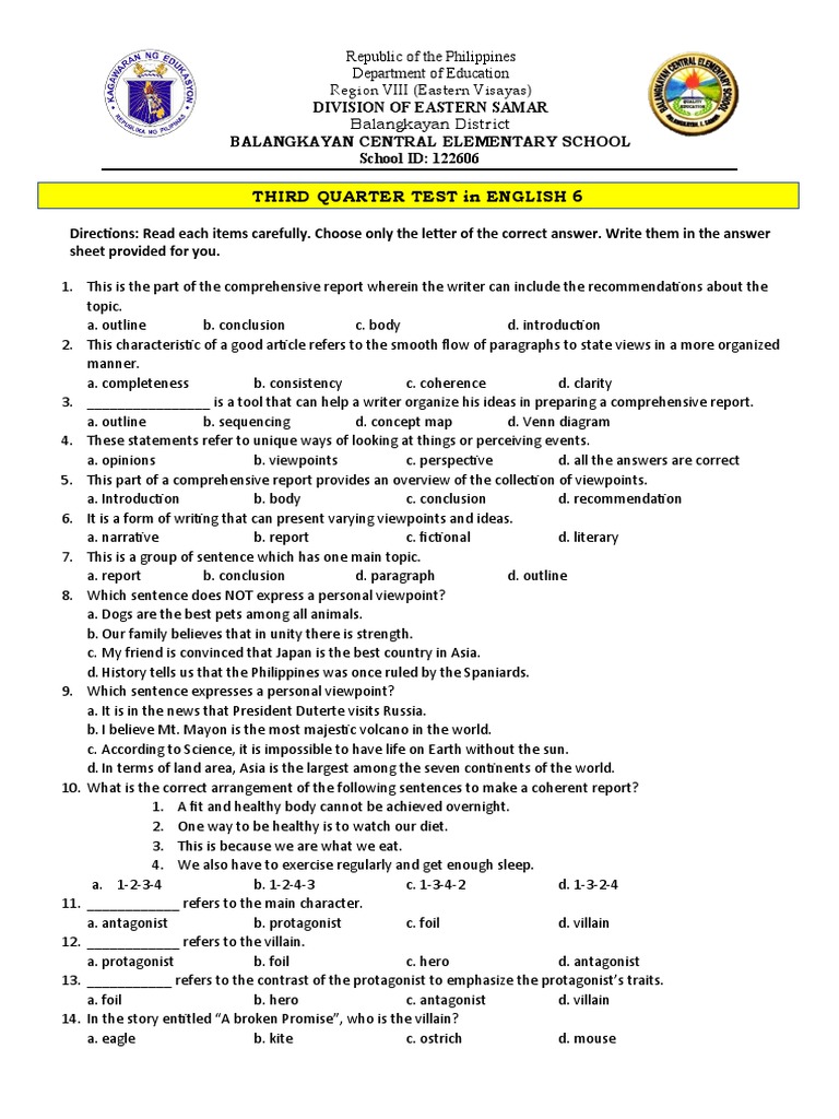 3RD Quarter Test Grade 6 PDF Plot (Narrative) Thought