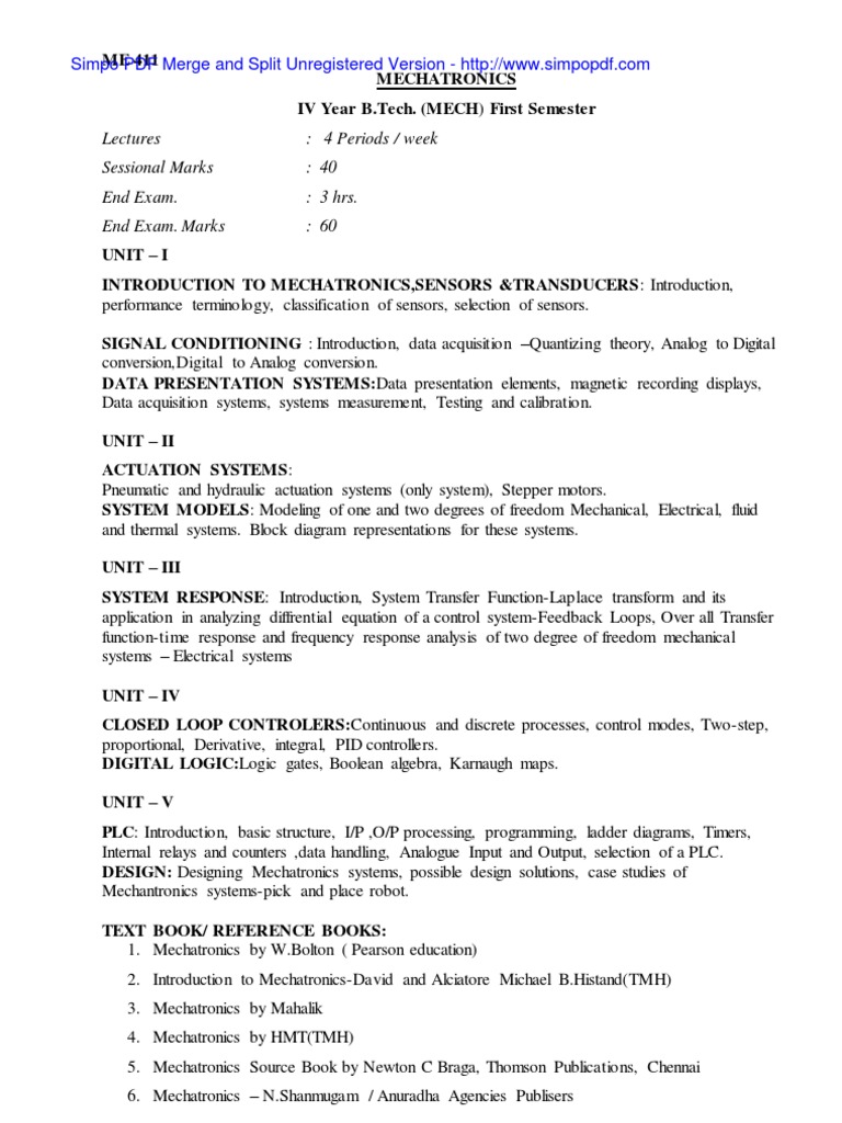 Mechatronics and Robotics Course Outline | PDF | Mathematical ...