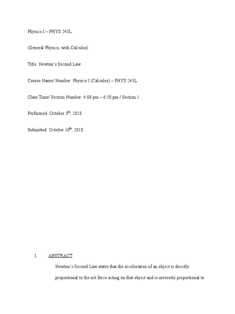 Lab Report Newton's Second Law PDF Force Acceleration