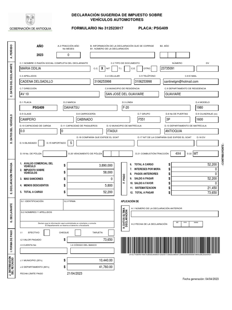 Declaración Impuesto Vehículos PSG409 | PDF