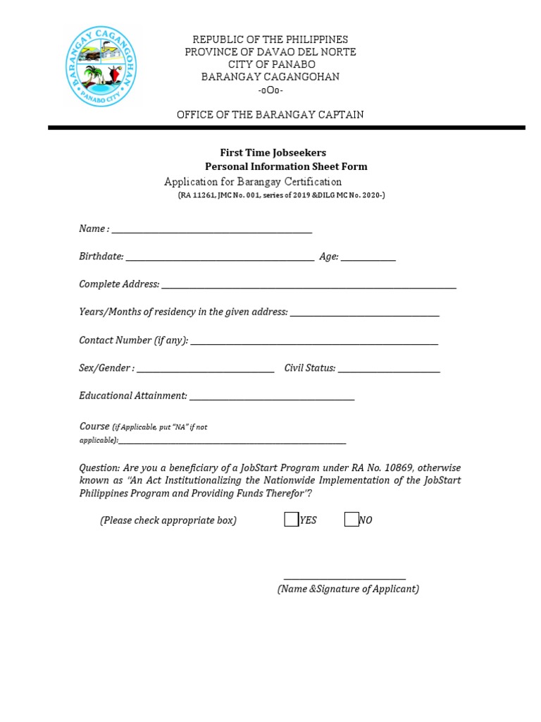 First Time Jobseeker Certification Form | PDF