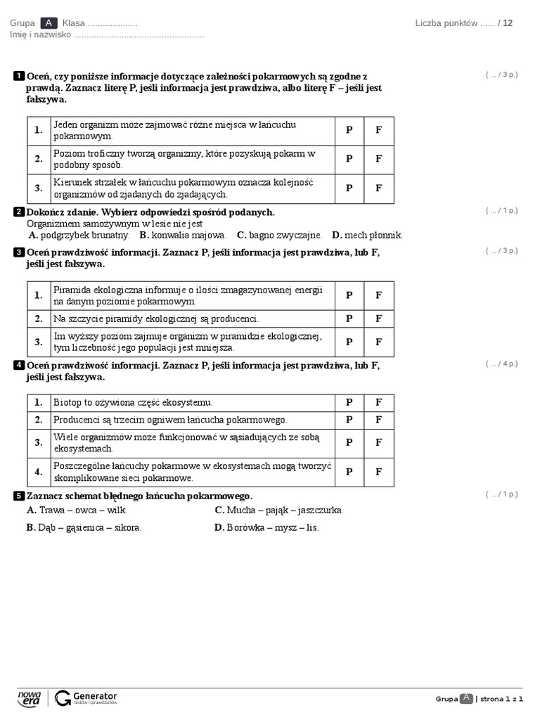 Test Ekologia Klasa 8 Kartkówka - Ekologia - Lekcje 7, 8, 9 Test (Z Widoczną Punktacją) | PDF
