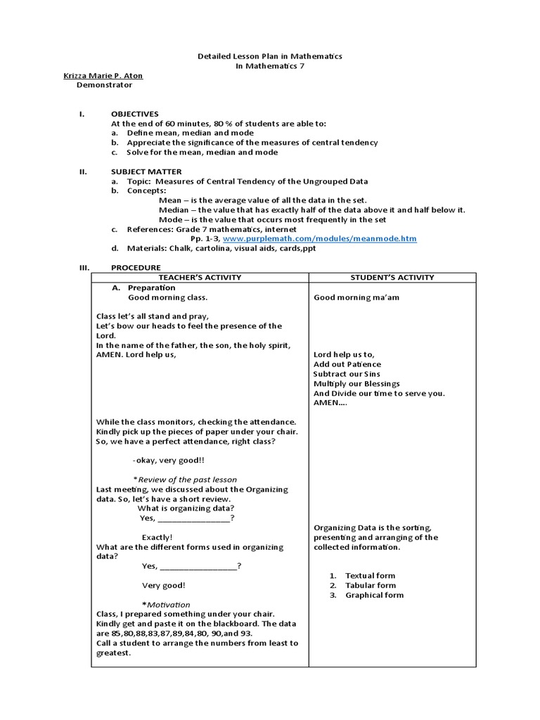 Detailed Lesson Plan in Mathematics | PDF | Mode (Statistics) | Mean