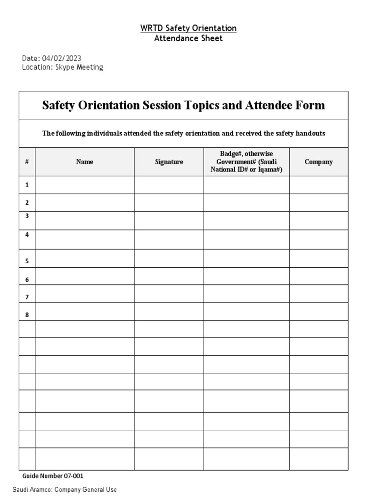 Saudi aramco safety orientation attendance record for skype meeting on