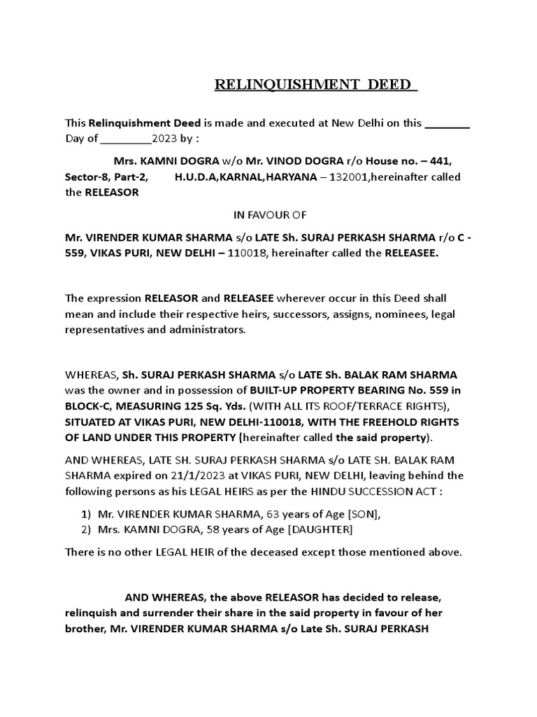 Relinquishment Deed for Property Transfer | PDF