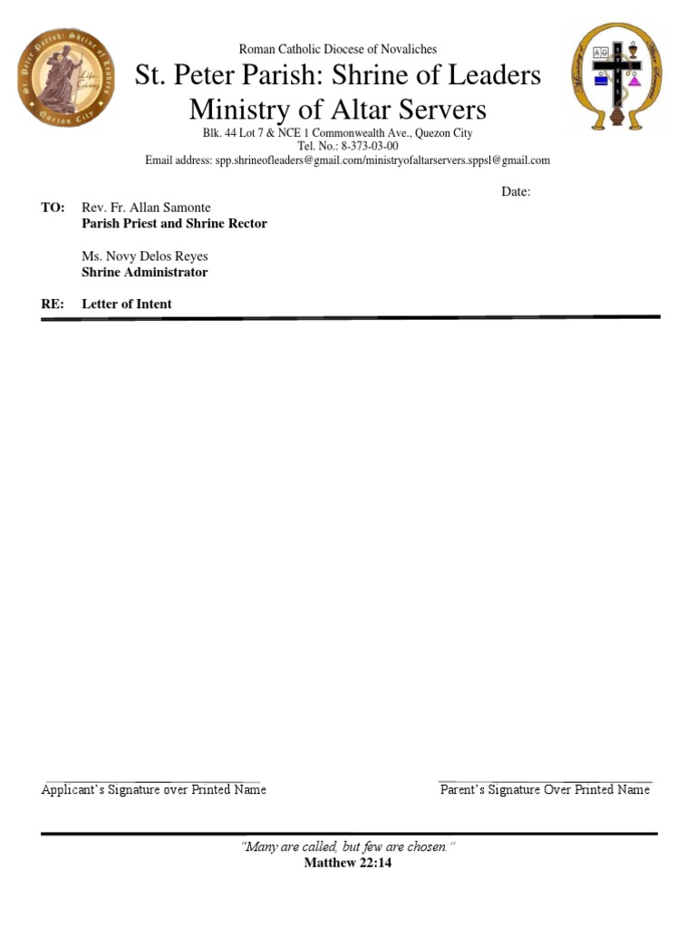 Letter Of Intent For Altar Server Ministry PDF Religion Spirituality