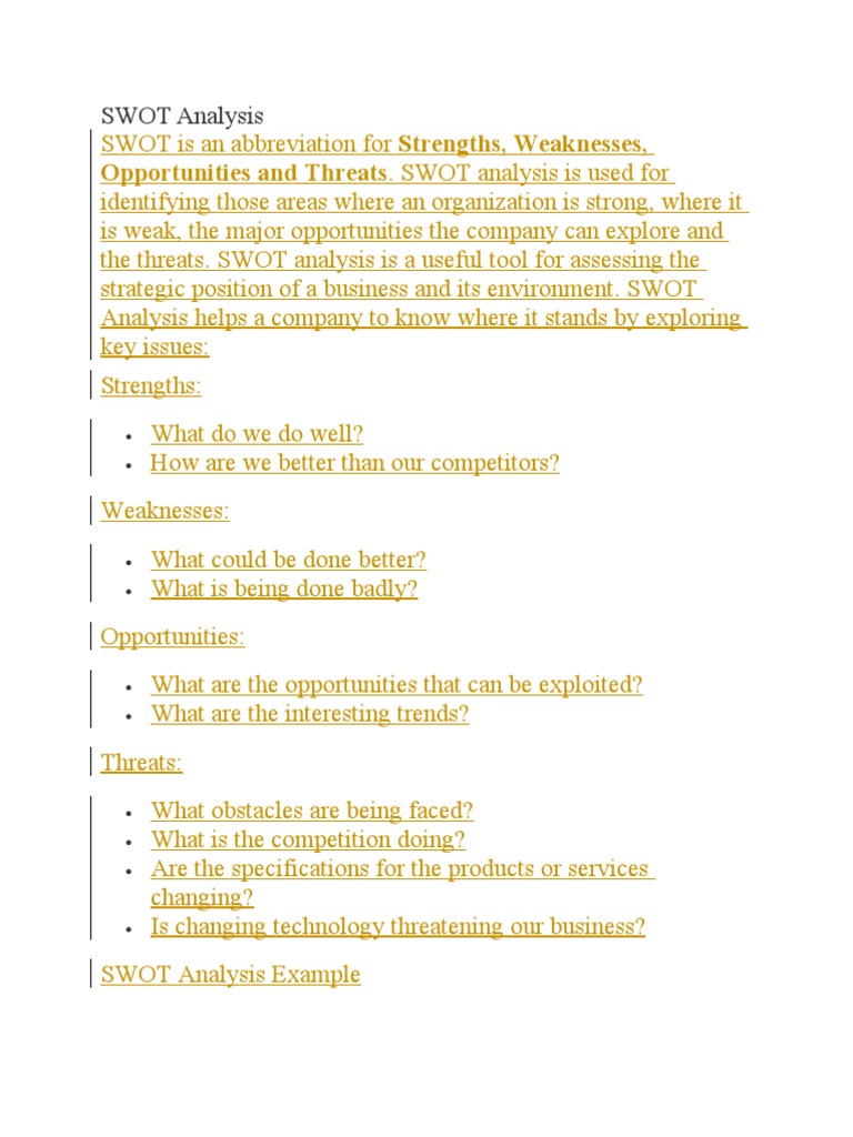 Opportunities and Threats. SWOT Analysis Is Used For | PDF | Business
