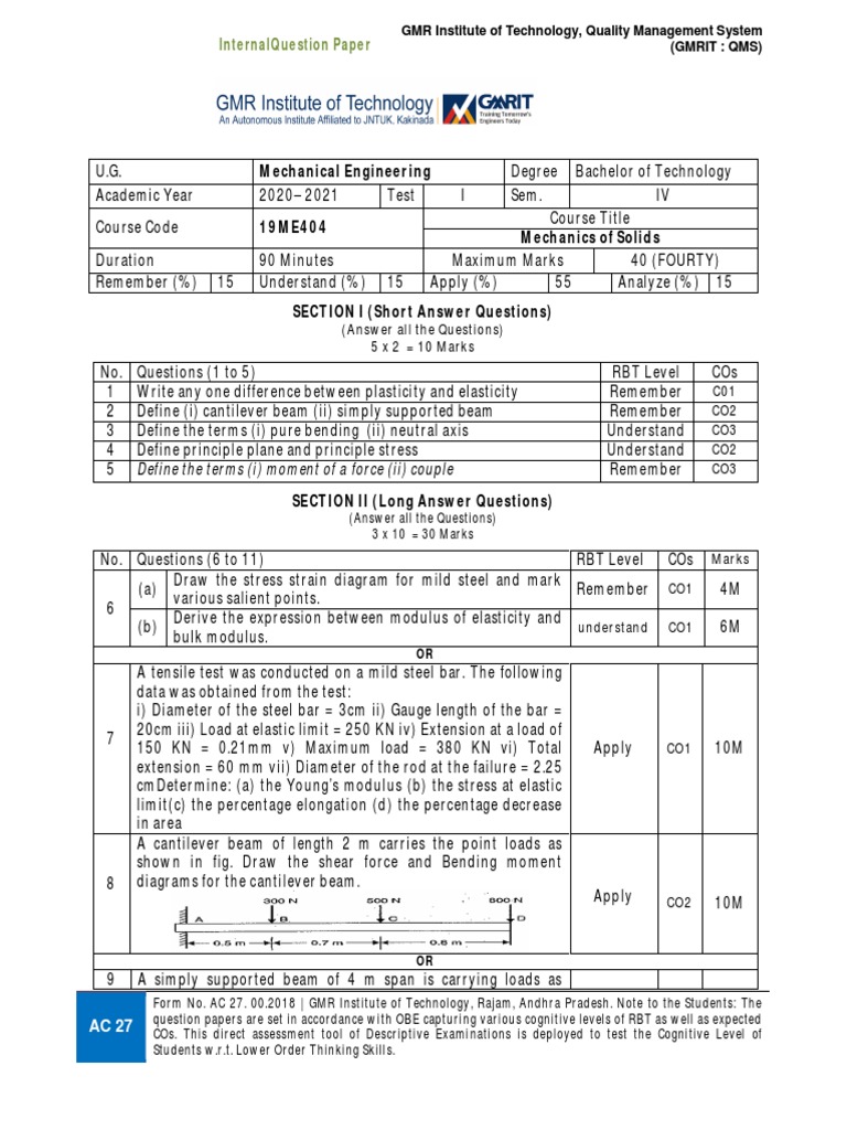2nd_btech_MECH_2020-21_MOS_ses-Q4.pdf | PDF | Bending | Beam (Structure)