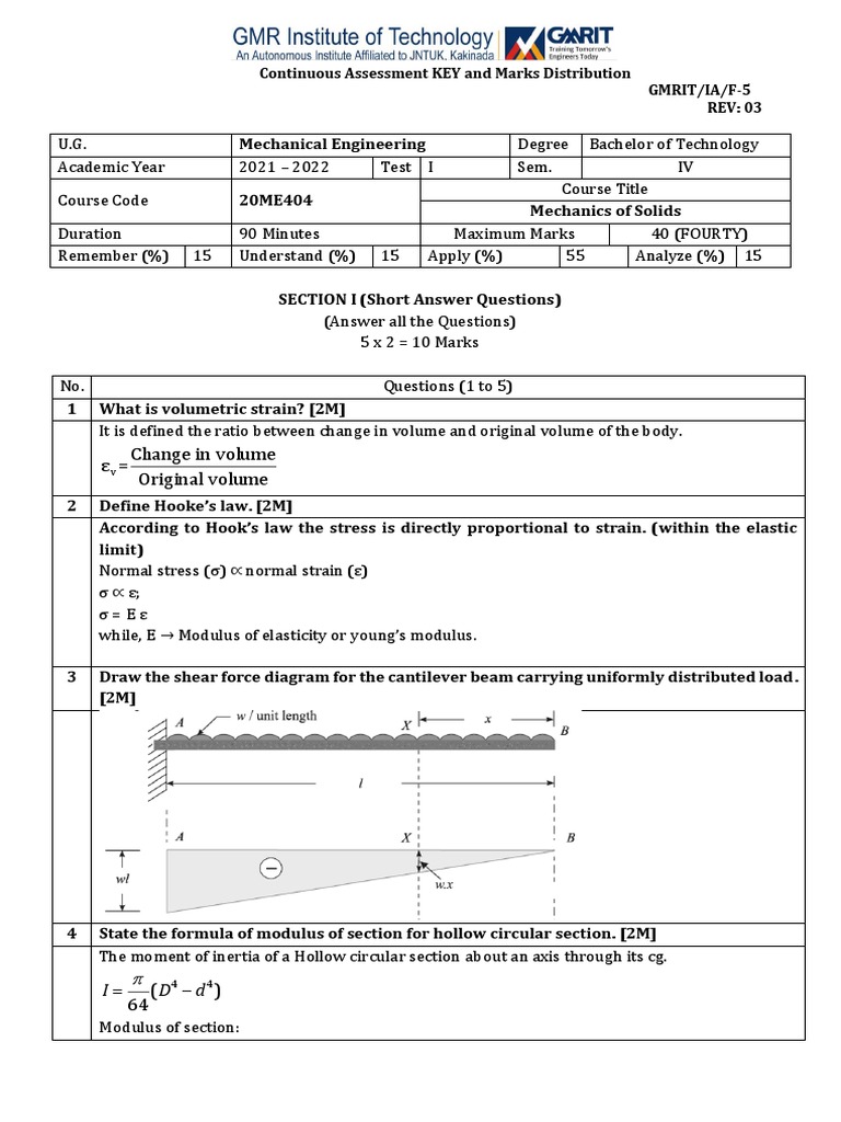 Mechanics of Solids Assessment Key | PDF | Elasticity (Physics) | Young ...