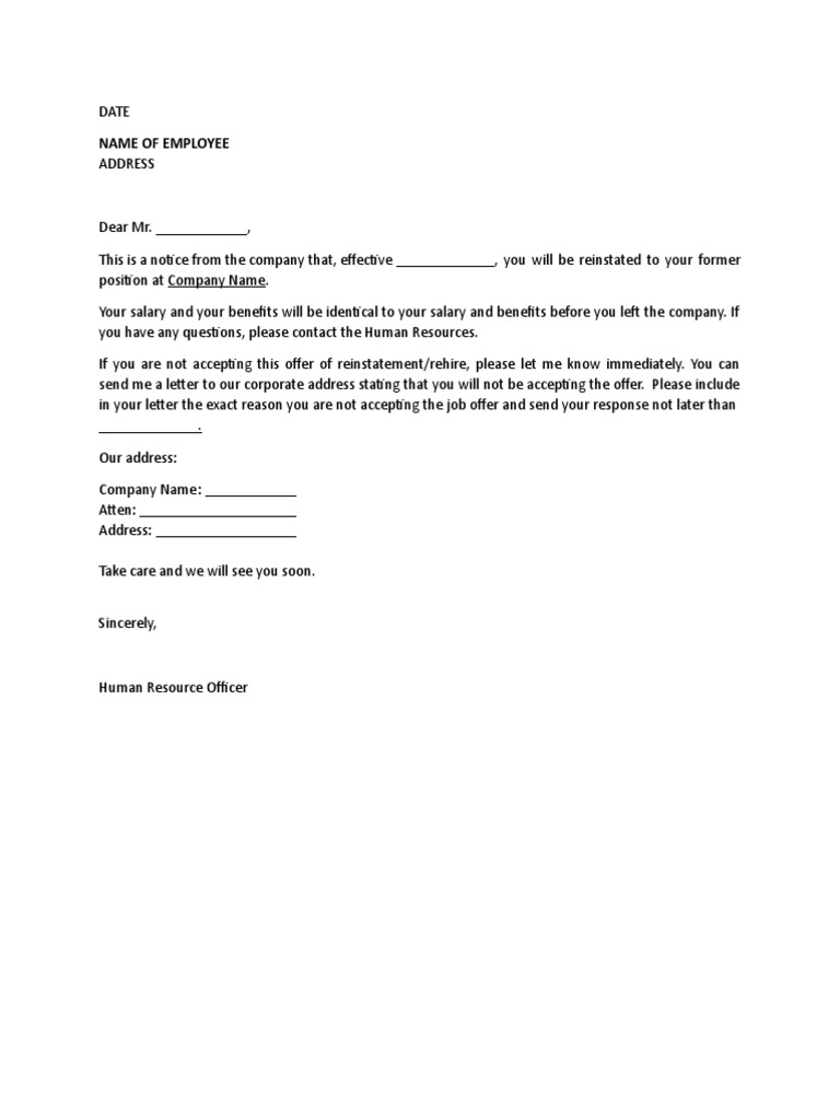 Employee Reinstatement Notice Template | PDF