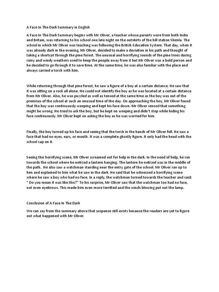 A Face In The Dark Summary in English PDF