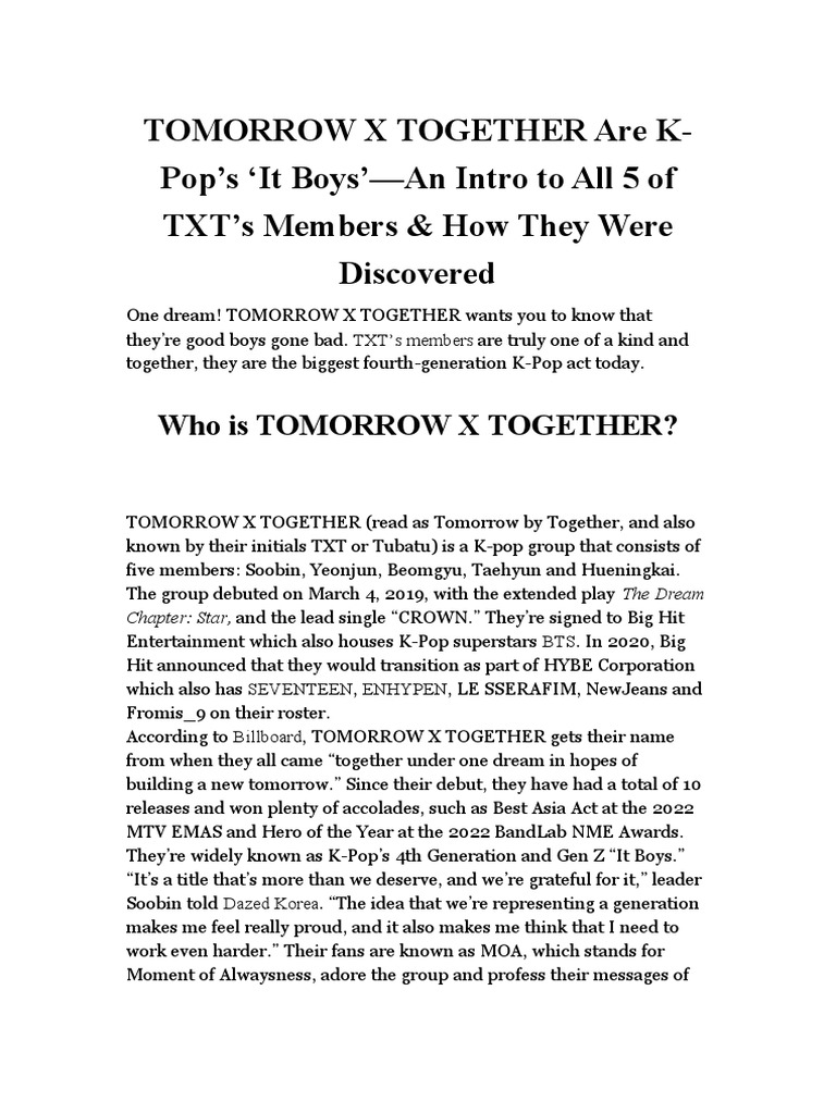 Tomorrow x together are k pop s it boys an intro to all 5 of txt s