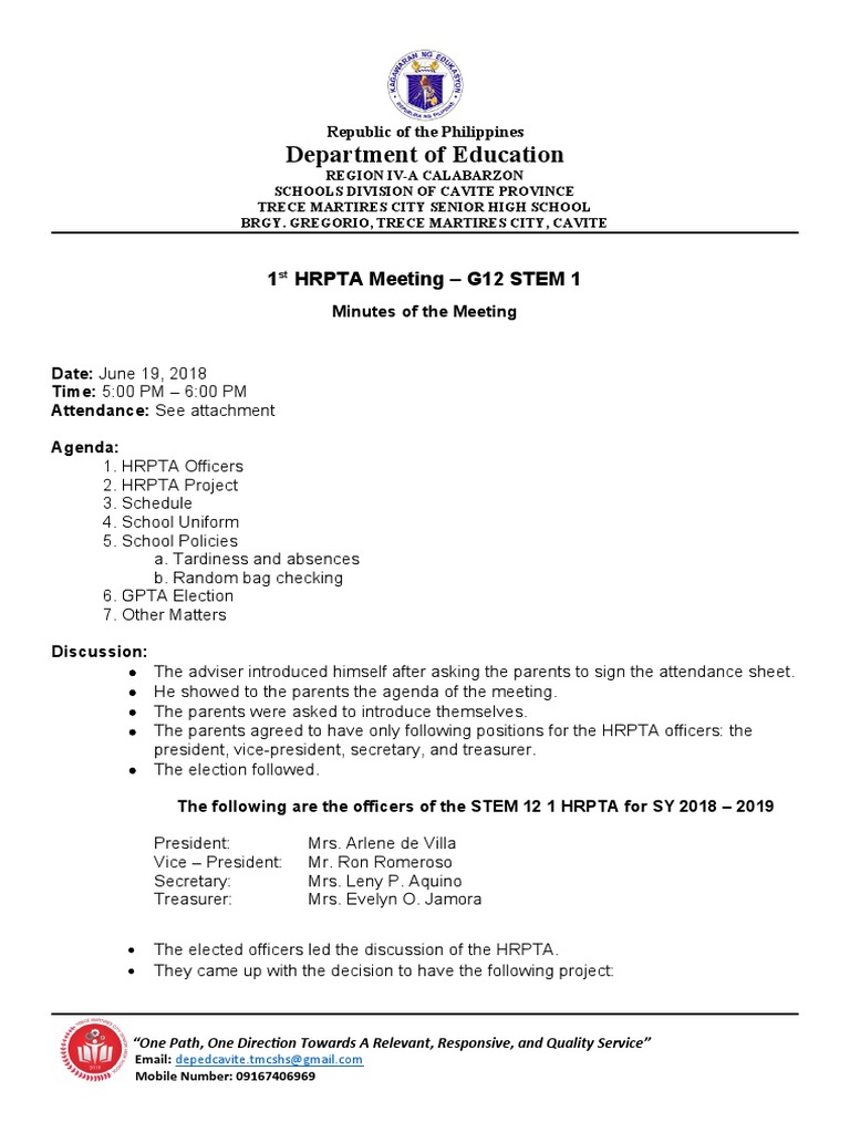 Sample homeroom pta minutes pdf philippines government